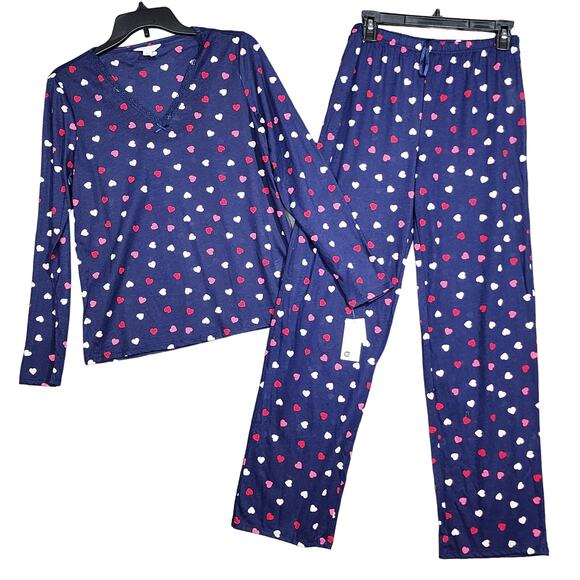 Charter Club Other - Charter‎ Club Cotton Pajamas Set XS Long Sleeve Lace Trim Navy Blue Multi Hearts